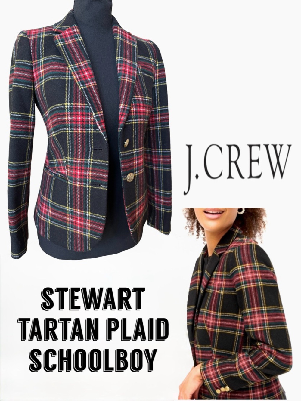 J Crew Classic Stewart Tartan Plaid Wool Blend Schoolboy Holiday Blazer Size 00P